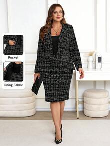 SHEIN Clasi Plus Size Notched Collar Long Sleeve Women's Suit Set Office Outfits For Women Set,Curvy Plus Size Women's Suit Two-Piece Suit: Black Long-Sleeved Suit Jacket + High Elastic Waist Hip Skirt, Business Casual Daily Fashion, Suitable For Multiple Occasions,Fall Clothes For Women,Winter Clothes For Women,Fall Clothes Plus Size ,Winter Clothes,Autumn, Winter Outfit For Women,Night Out,Going Out Outfit , Old Money Style Women,Suitable For Multiple Occasions,Halloween, Homecoming,Christmas,Business Casual Woman,Business Casual Outfits Women,Business Casual Woman Curve, Teacher Clothing, Business Commuting