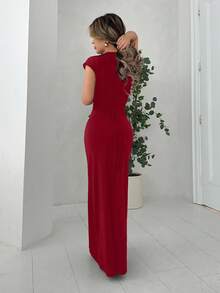 Jemour Váy Maxi Ôm Body Sang Trọng Gợi Cảm Đa Năng Cho Ngày Lễ Tình Nhân, Cổ Chữ V Sâu, Tay Áo Dolman, Thiết Kế Thắt Eo - Màu Đỏ Sâu - Xem 2