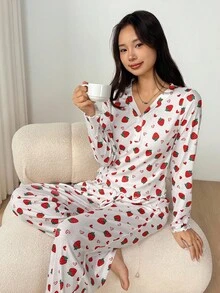 SHEIN 2pcs/Set Teen Girl Cute & Simple Colorful Strawberry Print V-Neck Half-Placket Ruffle Trim Long Sleeve Soft & Comfortable Pajama Set Fall Winter