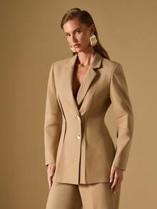Briarwyn Áo khoác blazer cổ ve lật thanh lịch thời trang dành cho nữ, cài một hàng khuy - Màu Khaki - Xem 7