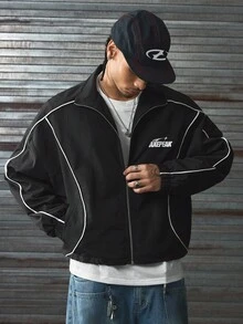 AXEPEAK 男士梭织休闲宽松长袖夹克，秋冬 - 黑色 - 查看 3