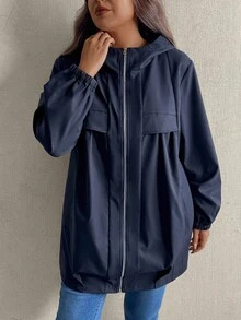 EMERY ROSE Plus Size Women Casual Commuter Outdoor Loose Mid-Length Hooded Jacket With Front Pleated Pocket Patchwork Long Sleeve Winter Fall Autumn - Blue - View 6
