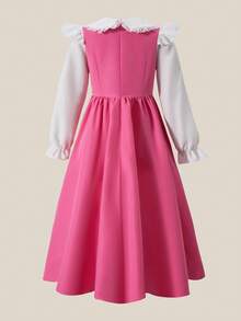 Tween Girl Ruffle Collar 2 In 1 Pleated Bowknot Long Dress Fall Winter - Pink - View 7