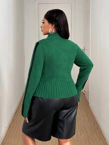 Maweii Suéter de mujer talla grande con cremallera y gráfico de letras, verde, para otoño e invierno - Verde - Ver 2