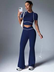 Dewbera 女式圆领短袖短款T恤和喇叭裤运动套装健身套装 - 藏蓝色 - 查看 6