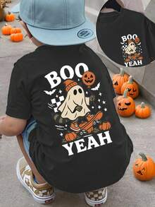 Kleine Jungen Lässig Fashion kreative Buchstaben, Kürbis, Skateboard Grafik Muster Halloween Cartoon Waschbär Muster lustiges Kurzarm Rundhals T-Shirt, geeignet für Feiertage und den täglichen Gebrauch, für Halloween Party