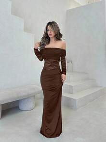 Jemour 女士优雅性感简约时尚迷人情人节聚会约会露肩纹理网眼透明褶皱低腰修身红色长袖连衣裙 - 棕色 - 查看 6