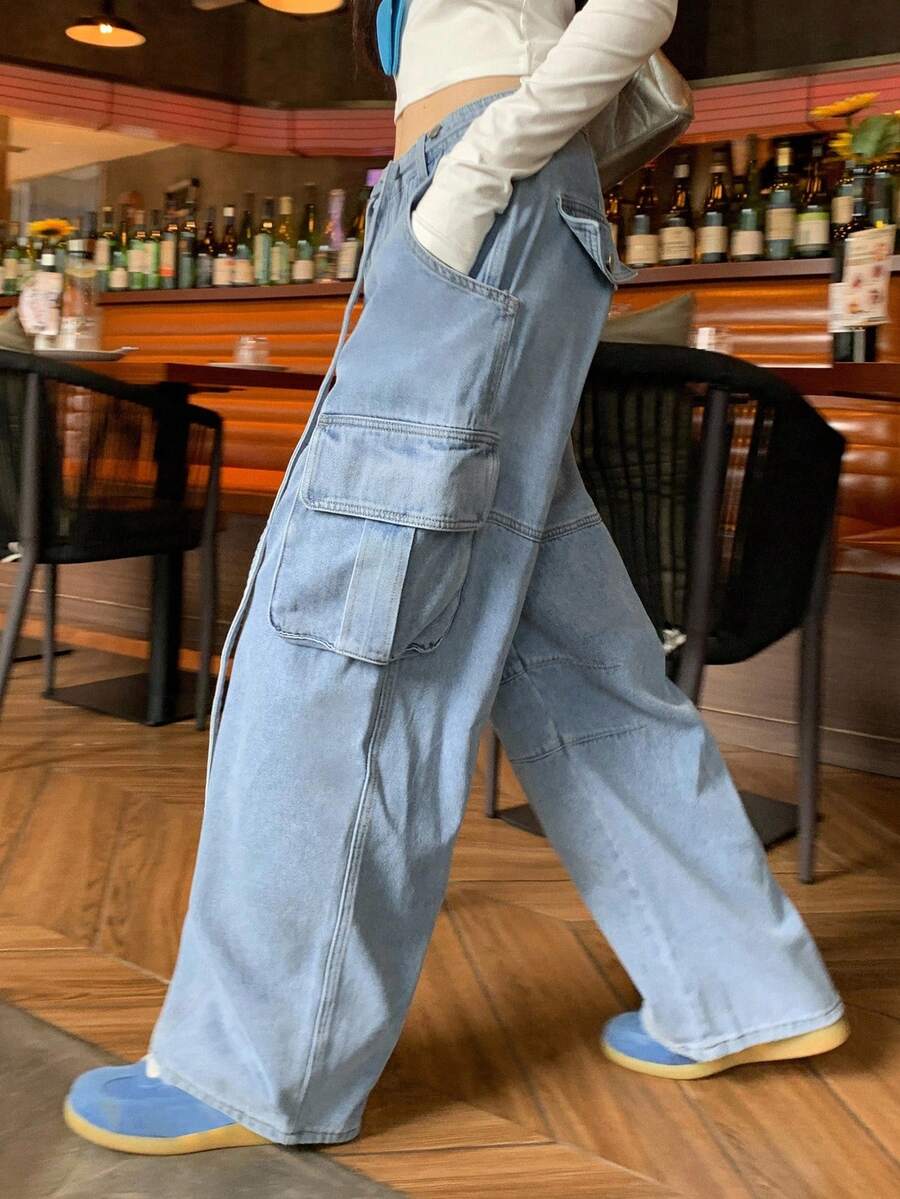 DAZY Women's Casual Loose Cargo Denim Jeans - Baby Blue - View 1