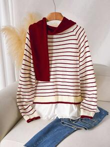 CosyJoli Plus Size Women Fashion Casual Daily 2 Pieces Set, V-Neck Pullover Sweater & Scarf, Versatile Peach Striped Design Fall Sweater V-Neck Sweater Women Pullover Sweater Striped Sweater Women Striped Sweater