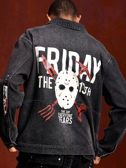 ROMWE MEN Friday the 13th X ROMWE Men's Letter & Mask Graphic Casual Long Sleeve Denim Shirt