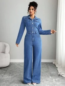 Elenzga 女士休闲通勤牛仔连体裤 - 藍色 - 查看 4