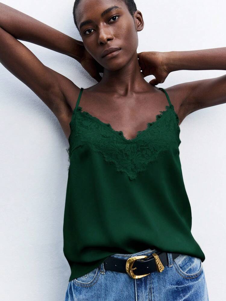 SHEIN Maija 2026 Spring & Summer's Contrast Lace Adjustable Spaghetti Strap Loose Top, Elegant Romantic Chic Fashion Comfortable Casual, Suitable For Business, Vacation,Dark Green Top Women Green Summer Top Emerald Green Top High-End, Elegant, Old-Fashioned Cruise Attire For Wedding Guests,Summer Holiday