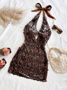 Soleia 新款度假红色针织条纹露背迷你连衣裙、飘逸连衣裙、条纹挂脖毛衣裙、哥特式连衣裙、教堂连衣裙、婚礼宾客连衣裙、约会夜连衣裙、教师连衣裙、返校连衣裙、女士冬装、女士秋装、流苏连衣裙、生日装、约会夜装、办公室服装、万圣节、音乐节服装 - 卡其色 - 查看 6