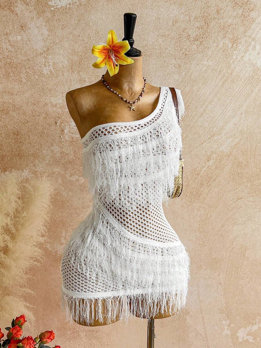 Soleia 秋冬款女士不对称领口修身迷你连衣裙（一件） - 白色 - 查看 1