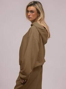 MUSERA Áo Hoodie cỡ lớn dáng rộng, vai rớt, áo nỉ ấm áp, dễ thương, phong cách thường ngày, thời trang đường phố Y2K, tủ đồ cơ bản cho mùa đông đi học. - Màu Khaki - Xem 2