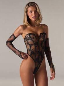 SHEIN BAE 花卉蕾丝修身连体裤 - 迷人、优雅、性感的女士复古连体裤紧身胸衣，适合女性哥特内衣套装内衣套装>黑色内衣套装黑色内衣套装，坏蛋造型 - 黑色 - 查看 7