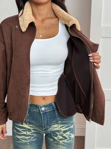 SHEIN PETITE Áo khoác cổ điển thường ngày dành cho nữ, Thu/Đông - màu nâu - Xem 13