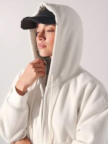 Menodora SHEIN Sport Áo khoác nỉ nỉ dài tay có mũ trùm đầu màu trơn, khóa kéo, thường ngày, đa năng, quần áo thu đông cho nữ - Màu be - Xem 6