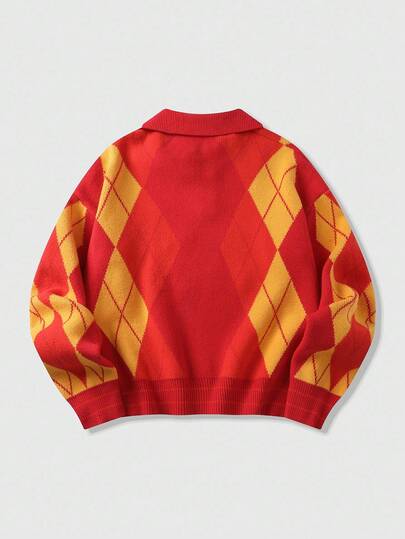 Prep Jersey de punto jacquard con patrón bordado para hombre, corte holgado y acortado