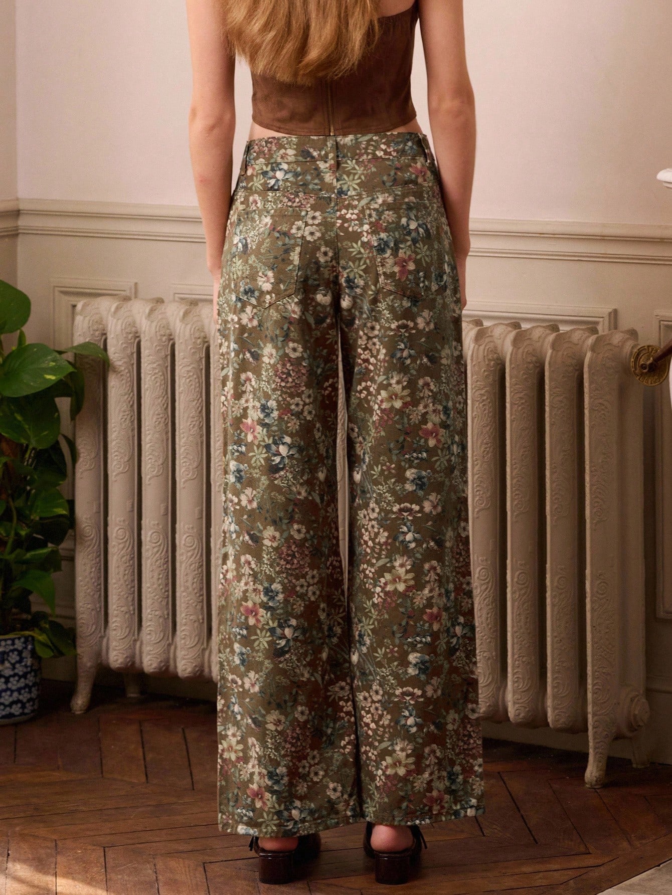 Calça Denim Reta e Larga com Estampa Floral Vintage, Roupas Femininas de Outono e Inverno