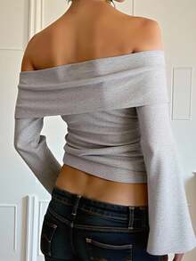 INAWLY Solva Women's Solid Color Off Shoulder Fitted Long Sleeve T-Shirt - Light Grey - View 4