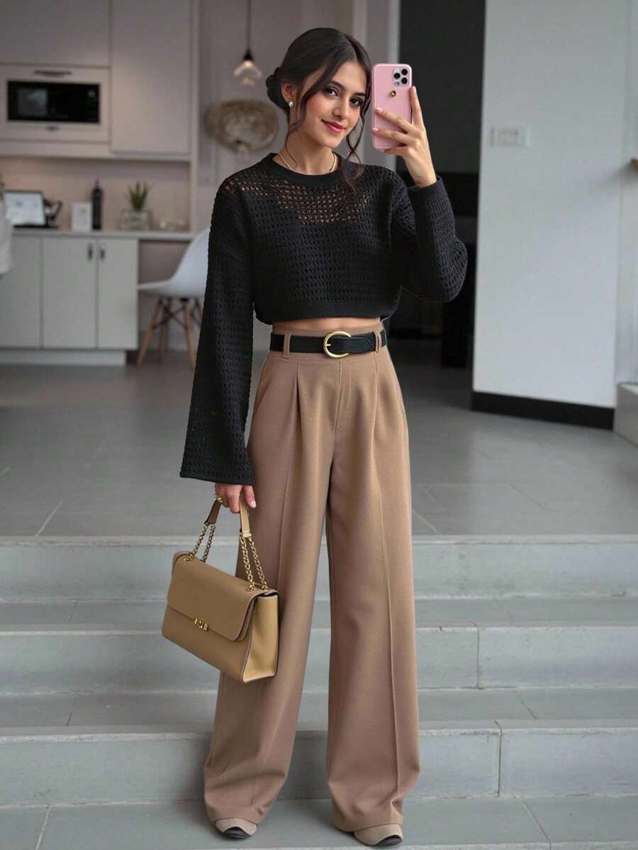 Teen Girls' Solid Color Hollow-Out Knitted Flared Sleeve Sweater - Black - View 1