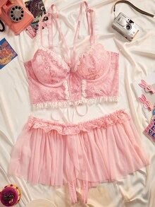 Bộ đồ lót ren lưới thêu nơ xinh xắn cỡ lớn có gọng, 2 món - Hồng - Xem 8