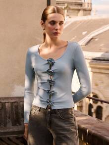 lacRébo 花卉装饰镂空细节罗纹上衣 - 霧霾藍 - 查看 5