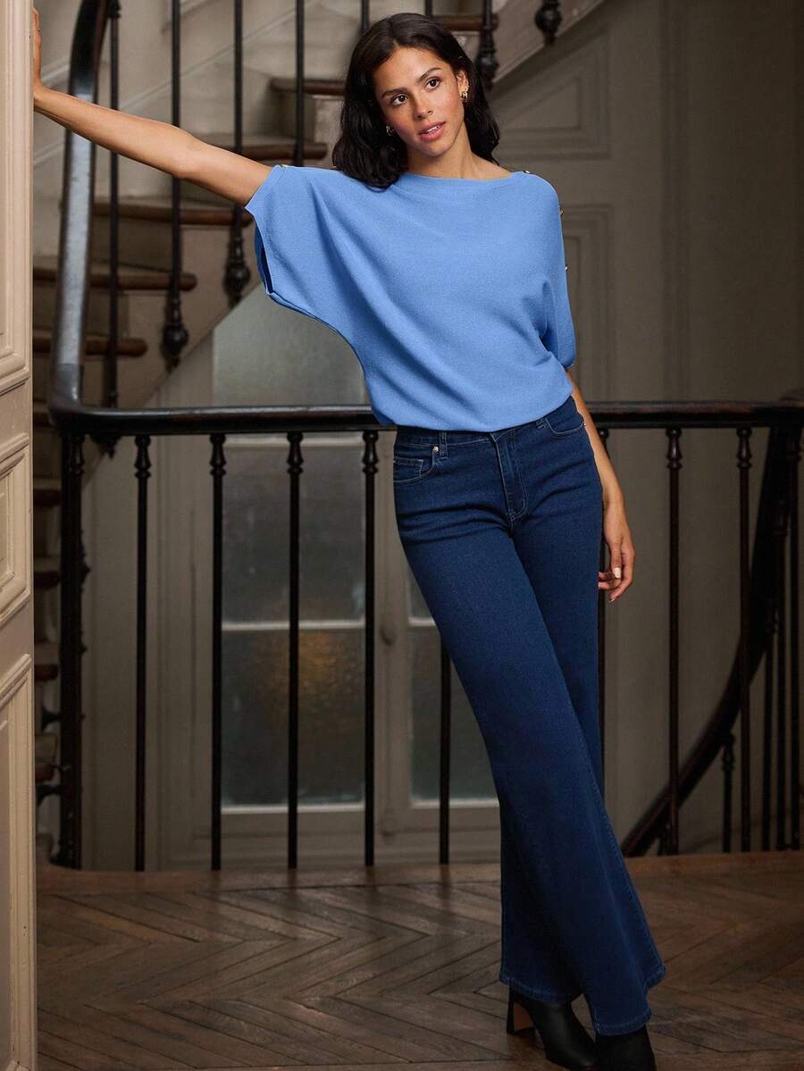 lacRébo Blusa holgada de punto con estilo kimono de manga corta en color azul cielo, con detalle de botón dorado en el hombro, para mujer en otoño e invierno