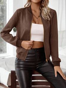 EMERY ROSE Women's Solid Color Regular Shoulder Long Sleeve Short Zip-Up Casual Versatile Jacket - Brown - View 3