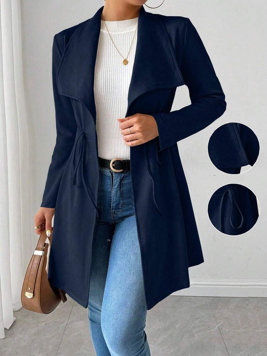 SHEIN LUNE Chaqueta casual y versátil de unicolor con cordón en la cintura - Azul Marino - Ver 1