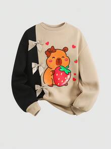 SHEIN Tween 女童宽松休闲简约舒适圆领拼接撞色连帽衫和慢跑裤套装 - 卡其色 - 查看 7