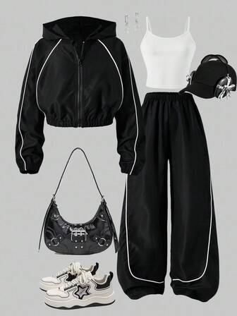 Sparklyn 3pcs/Set Tween Girls Casual Outfit, Includes: Hooded Zip-Up Short Jacket With Ribbed Trim, White Camisole, And Wide Leg Pants, Autumn Ensemble Fall Winter