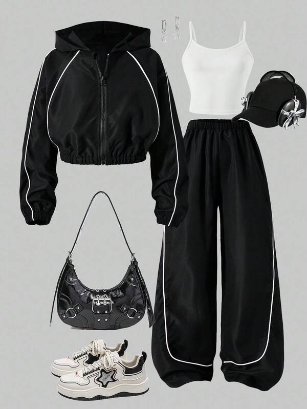 Sparklyn Conjunto de 3 piezas para niñas preadolescentes, incluye: Chaqueta corta con capucha y cremallera con ribete acanalado, camiseta blanca y pantalones de pierna ancha, conjunto de otoño