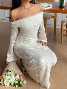 Serisse 女式露肩网眼花卉提花修身优雅中长连衣裙 - 杏色 - 查看 4