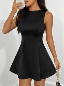 SHEIN PETITE 女士纯色无袖 A 字腰优雅连衣裙，适合秋季约会 - 黑色 - 查看 9