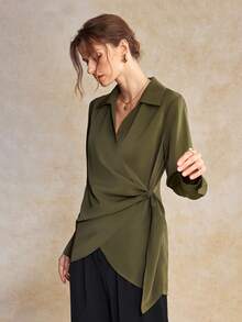 House of One Blusa casual de mujer de manga larga con cuello y frente retorcido, para verano y otoño