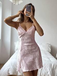 Aloruh Female Sexy Embroidered Lace Patchwork V-Neck Butterfly Patterned Pink Satin Lustrous Jacquard, Suitable For Autumn Clothing Combinations, Suitable For Halloween Clothing Combinations, Tank Top Pajamas
