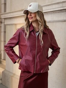 SHEIN Clasi Women's Casual Knitted PU Collar Jacket, Autumn/Winter - Burgundy - View 6