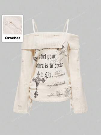Goth Suéter ajustado con hombros descubiertos, rasgado y con texto de cruz en estilo punk