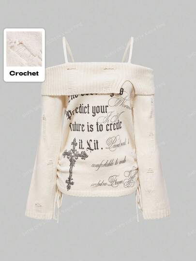 ROMWE Goth 大码朋克十字图案露肩修身毛衣