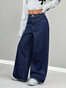 SHEIN 少女基础款休闲纯色水洗深蓝色牛仔保暖内衬宽松直筒裤，秋冬保暖穿搭 - 深色水洗藍 - 查看 3