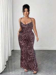 Elenzga Plus Size Women Vintage Sexy Mesh High Slit Drawstring Dress - Multicolor - View 6