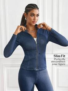 Flexra Áo khoác denim dáng ôm, giặt thường ngày, có khóa kéo phía trước dành cho nữ - Rửa tối - Xem 1