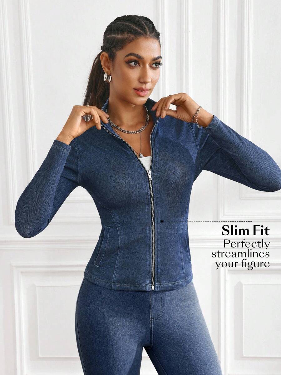 Flexra Áo khoác denim dáng ôm, giặt thường ngày, có khóa kéo phía trước dành cho nữ - Rửa tối - Xem 1