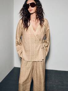 Lumivelle Luminelle Women Casual Striped Print Tie Waist Loose Suit Set - Khaki - View 5