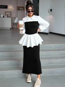 SHEIN 2pcs Teen Girl Shirt Collar Lantern Sleeve Knitted Top & Knitted A-Line Slit Hem Skirt Set