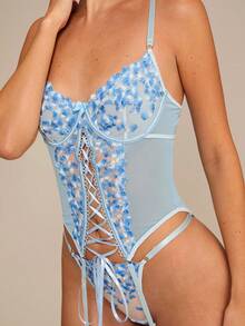 Enchnt 4 件套女士性感内衣套装（钢圈文胸、丁字裤、2 件网袜） - 藍色 - 查看 4