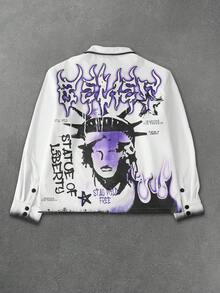 PAVTROS 男士时尚休闲印花保暖内衬夹克，秋季图案纽扣式“保持野性自由”朋克风夹克，自由女神像图案夹克 - 彩色 - 查看 2