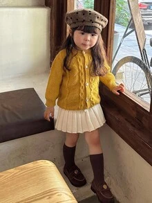 DAZY 女嬰純色麻花編織扭轉前襟長袖開襟衫幼兒服飾 - 黃色 - 查看 5